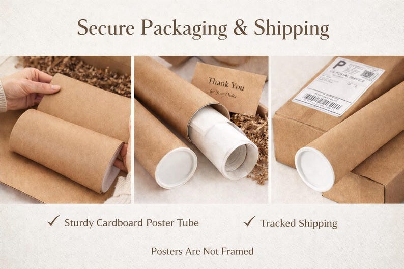 May include: Image showcasing secure packaging for posters. Includes sturdy cardboard poster tubes and a shipping box. The image also shows a thank you note and the text "Posters Are Not Framed".