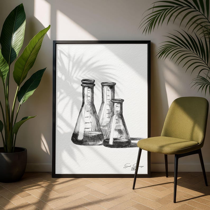 Erlenmeyer Flask Wall Art, Conical Flask Sketch Print, Chemistry Poster ...