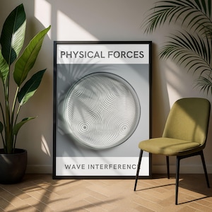 May include: A framed poster with the text "PHYSICAL FORCES" at the top and "WAVE INTERFERENCE" at the bottom. The poster features a circular design of concentric circles. A green chair with black legs is to the right of the poster.