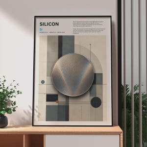 Pode incluir: Uma impressão de arte de parede emoldurada intitulada Silicon, apresentando o símbolo químico Si, número atômico 14 e grupo 14. O design inclui um grande elemento circular metálico e texturizado centralizado sobre um fundo de formas geométricas.