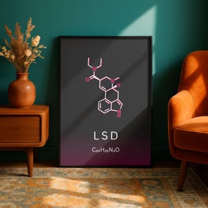 LSD Molecule Poster – Lysergic Acid Diethylamide | Forbidden Chemistry Series | Psychedelic Chemistry Wall Art | Raspberry Edition
