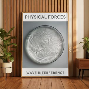 May include: A framed poster with the text "PHYSICAL FORCES" at the top and "WAVE INTERFERENCE" at the bottom. The poster features a circular design with concentric wave patterns in shades of gray and white, set against a gray background.
