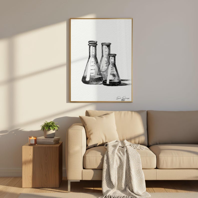 Erlenmeyer Flask Wall Art, Conical Flask Sketch Print, Chemistry Poster ...