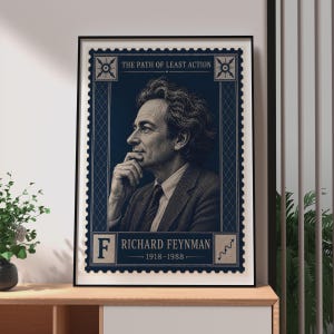 May include: A rectangular wall art print designed like a postage stamp featuring a portrait of Richard Feynman in profile with his hand to his chin. The dark blue background includes the text THE PATH OF LEAST ACTION and RICHARD FEYNMAN 1918-1988.