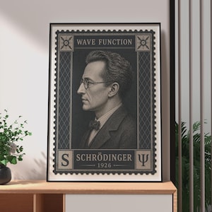 May include: A framed wall art print designed like a postage stamp featuring a profile portrait of Erwin Schrödinger. The text reads WAVE FUNCTION, SCHRÖDINGER, and 1926, with the letter S and the Greek letter Psi in the bottom corners.