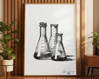 Erlenmeyer Flask Sketch Print, Scientific Illustration, Chemistry Lab Decor