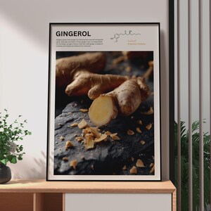 May include: A framed wall art print titled GINGEROL featuring a chemical structure diagram and text about ginger. The central image displays raw ginger root pieces with a sliced cross-section resting on a dark, textured stone surface.