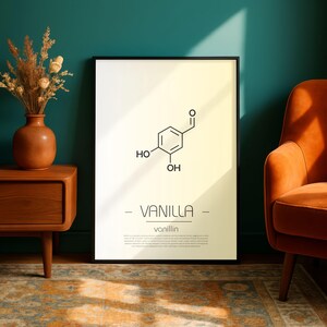 May include: A framed print featuring the molecular structure of vanillin, the primary component of vanilla. The black and white graphic is set against a gradient background. The word "VANILLA" is printed below the structure.