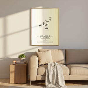 May include: A framed print featuring the molecular structure of vanilla, with the word "VANILLA" and "vanillin" below. The print has a gold frame and is displayed in a living room setting with a beige sofa, throw blanket, and side table.