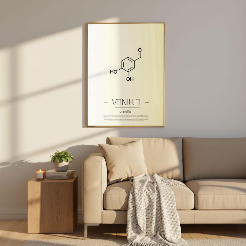 May include: A framed print featuring the molecular structure of vanilla, with the word "VANILLA" and "vanillin" below. The print has a gold frame and is displayed in a living room setting with a beige sofa, throw blanket, and side table.
