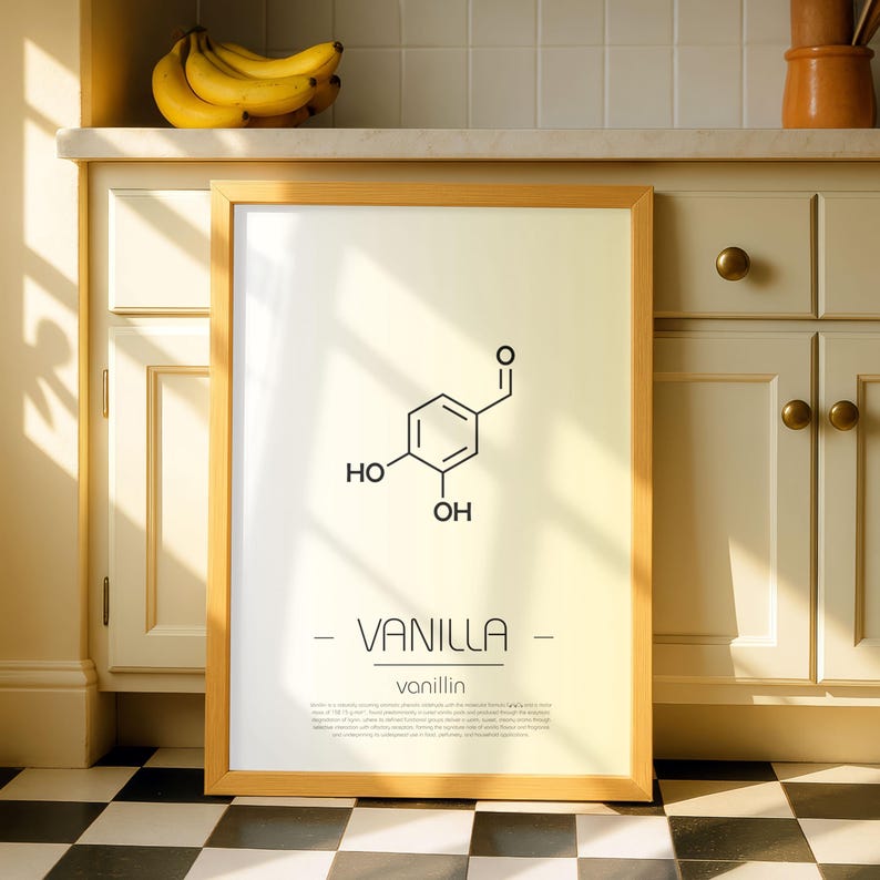 May include: A framed print with a light wood frame displays the chemical structure of vanillin. The word "VANILLA" is centered below the structure, with "vanillin" beneath it. The background is a gradient of white to yellow.