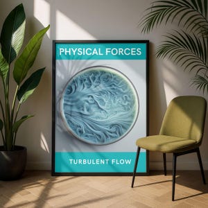 May include: A framed art print with the text "PHYSICAL FORCES" and "TURBULENT FLOW". The artwork features a circular design with swirling blue and white patterns. The frame is black, and the print is displayed against a white background. A green chair and plants are in the background.