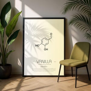May include: A framed print featuring the molecular structure of vanillin, the primary component of vanilla. The print has a black frame and a gradient yellow and white background. The word "VANILLA" is printed below the structure, along with the word "vanillin".