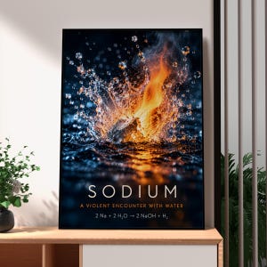 May include: A framed wall art print featuring a chemical reaction between sodium and water, showing a bright orange flame and water droplets against a dark blue background. The text reads SODIUM, A VIOLENT ENCOUNTER WITH WATER, and 2 Na + 2 H2O → 2 NaOH + H2.