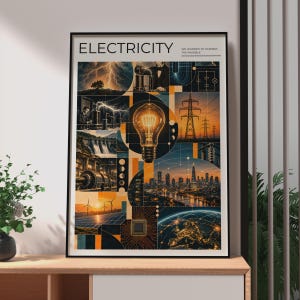Può includere: Un poster incorniciato intitolato ELECTRICITY WE LEARNED TO HARNESS THE INVISIBLE che presenta un collage di immagini tra cui fulmini, una lampadina, linee elettriche, una diga, uno skyline notturno, pannelli solari e un circuito stampato.