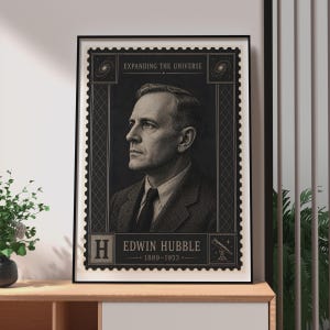 May include: A black and white poster designed like a postage stamp featuring a portrait of Edwin Hubble. The text reads EXPANDING THE UNIVERSE, EDWIN HUBBLE, and 1889-1953. It includes a letter H, a telescope icon, and two spiral galaxy illustrations.