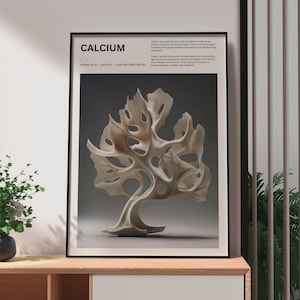 Póster de arte escultórico del elemento calcio, lámina científica al estilo Rodin, arte mural sobre la estructura ósea.