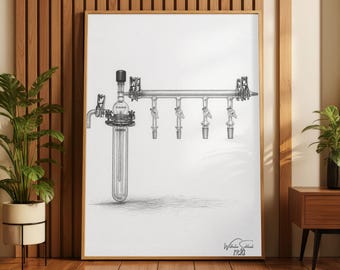 Schlenk Line Chemistry Print, Laboratory Glassware Sketch, Scientific Illustration Poster