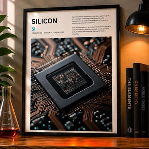 Puede incluir: Un cuadro de pared enmarcado que presenta el elemento químico Silicio, etiquetado con el símbolo Si, número atómico 14 y grupo 14. La impresión muestra una fotografía detallada de un chip de procesador informático con circuitos de cobre.