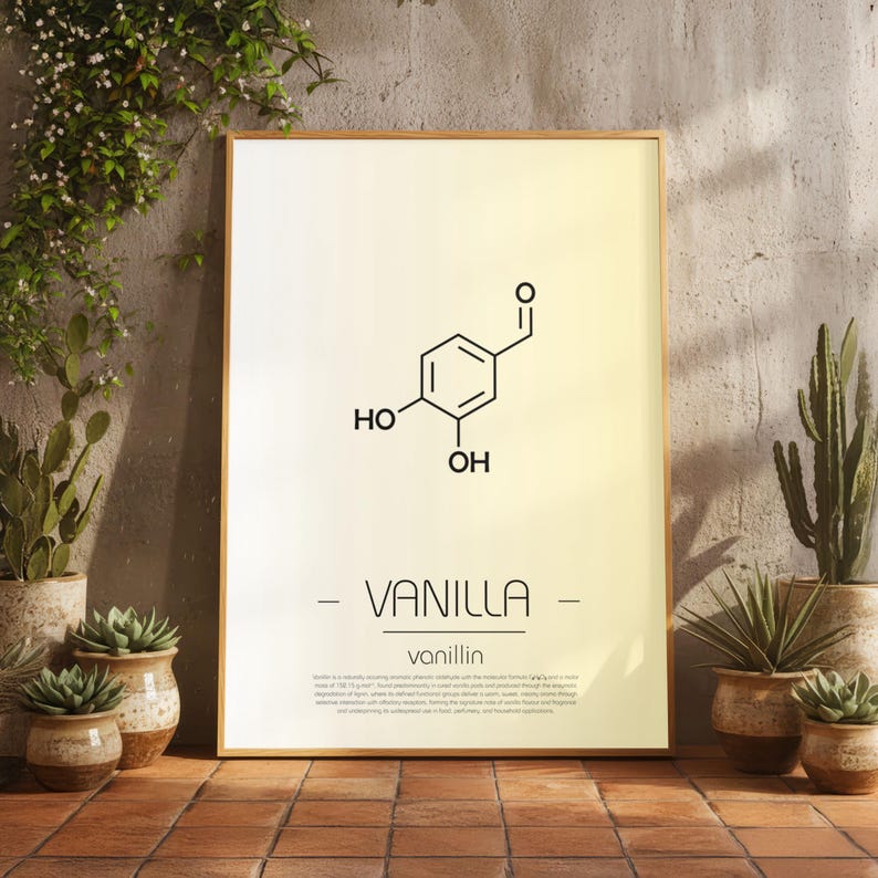 May include: A framed print featuring the chemical structure of vanillin, the primary component of vanilla. The print includes the word "VANILLA" in a minimalist font, along with the chemical formula. The background has a gradient from white to yellow.