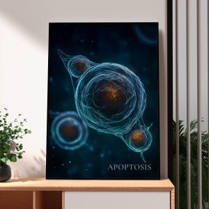 May include: A framed wall art print featuring a dark blue background with a scientific illustration of cellular apoptosis. The central image shows a large, glowing blue cell undergoing division with orange nuclei, and the text APOPTOIS is printed at the bottom.