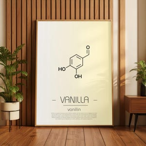 May include: A framed print featuring the molecular structure of vanillin, the primary component of vanilla. The black and white graphic is set against a gradient background, with the word "VANILLA" and "vanillin" below. The print is displayed in a room with wood paneling.