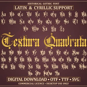 Pode incluir: Uma exibição de fonte digital intitulada Textura Quadrata apresentando uma tipografia gótica histórica com conjuntos de caracteres latinos e cirílicos em dourado sobre um fundo marrom escuro, incluindo letras maiúsculas, minúsculas e formatos.