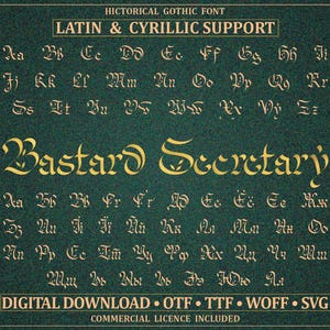 Bastard Secretary Gothic Font, Latin and Cyrillic Blackletter Typeface, Floral Medieval Font, Otf Ttf Woff Svg, Commercial License Included
