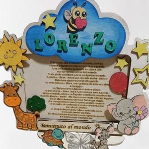 Può includere: Una cornice decorativa in legno con il nome "Lorenzo" in lettere verdi, una nuvola blu e ritagli di animali. La cornice include un sole, stelle, una giraffa, una tartaruga, una farfalla, un topo, un elefante e un'ape. Il testo "Benvenuto al mondo" è in basso.