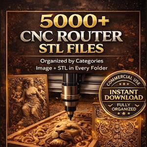 Könnte beinhalten: Werbung für digitale CNC-Router-Dateien mit dem Text "5000+ CNC ROUTER STL FILES". Das Bild zeigt geschnitzte Holzdesigns, einen CNC-Router und ein goldenes Abzeichen mit der Aufschrift "Sofort-Download". Die Dateien sind nach Kategorien geordnet und mit allen CNC-Software kompatibel.