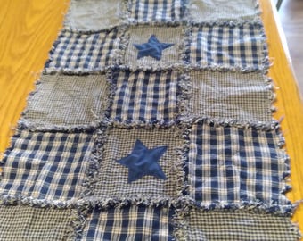 Homespun Table Runner, Navy Blue and Tan Cream Plaid with Stars, 14.5x54