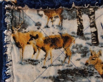 Deer Wildlife Rag Quilt, Navy Blue Rustic Throw