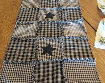 Homespun Table Runner, Black Cream Plaid with Stars, 14.5x54