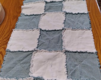 Handmade Homespun Teal Blue White Table Runner, Raggedy Primitive Style (15" x 54")
