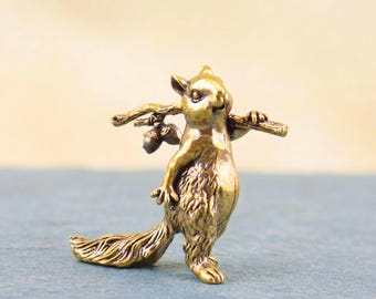 Solid Brass Squirrel Figurine, Vintage Squirrel with Acorn Statue, Lucky Animal Desk Decor, Brass Squirrel Miniature, Harvest Spirit Gift