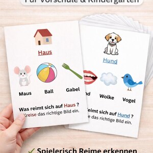 May include: Educational flashcards for preschool and kindergarten. The cards feature illustrations of a house, mouse, ball, fork, dog, cloud, and bird. The text asks children to identify rhyming words. The cards are designed to help children learn to recognise rhymes.