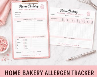 Puede incluir: Una lista de verificación de alérgenos para panadería casera impresa en papel blanco con detalles en rosa. El documento incluye secciones para ingredientes, proveedores y notas, con un icono de cupcake y el texto Prepared with love for every customer.