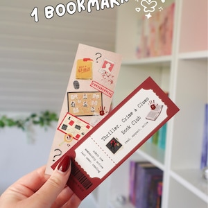 Puede incluir: Dos marcap&aacute;ginas rectangulares de papel con gr&aacute;ficos de misterio. Uno muestra un tablero de investigaci&oacute;n criminal, una huella dactilar y un sello de confidencial. El otro es rojo oscuro con el texto Thriller, Crime & Clues Book Club.