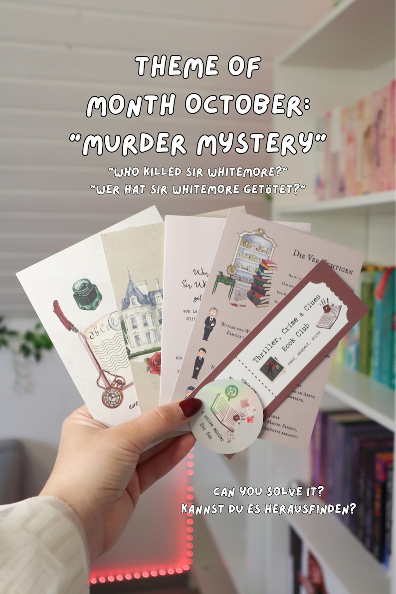 Puede incluir: Una colecci&oacute;n de marcap&aacute;ginas rectangulares de papel y una pegatina circular con temas de misterio y asesinato. Los art&iacute;culos muestran ilustraciones de una mansi&oacute;n, un tintero, una pluma y texto que incluye "Thriller, Crime & Clues Book Club".