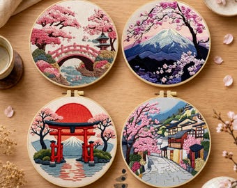 Japanse borduurset voor beginners, met patronen van een kersenbloesembrug (Sakura) en een Torii-poort, een leuk knutselcadeau voor thuis.