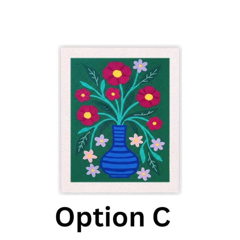 May include: A framed artwork featuring a vibrant floral arrangement. The design showcases a blue vase filled with red flowers and green leaves against a green background. The artwork is framed in a white border, with the text "Option C" at the bottom.