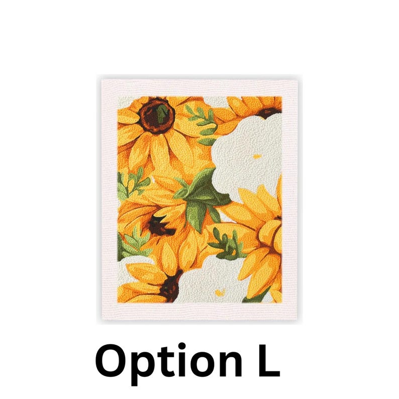 May include: A framed floral print featuring a vibrant arrangement of sunflowers and white flowers. The sunflowers are yellow with brown centers, and the white flowers have a textured appearance. Green leaves are interspersed throughout the design. The text "Option L" is at the bottom.