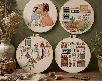 Keukennaaien Borduurpakket voor beginners, DIY Craft startersproject, gezellig, grillig Cottagecore-huisdecor