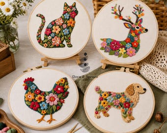 Beginnerspakket voor het borduren van bloemen en dieren, een doe-het-zelf knutselpakket voor beginners, met kleurrijke kat, hert, kip en hond.