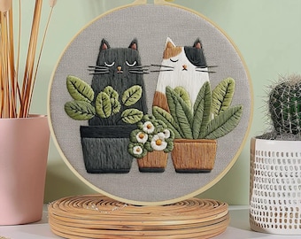 Borduurpakket Cats Plants Beginner, modern borduurpatroon dierenpatroon