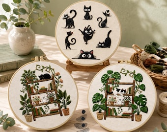 Borduurpakket met kattenboekenplank, moderne borduurringkunst voor beginners