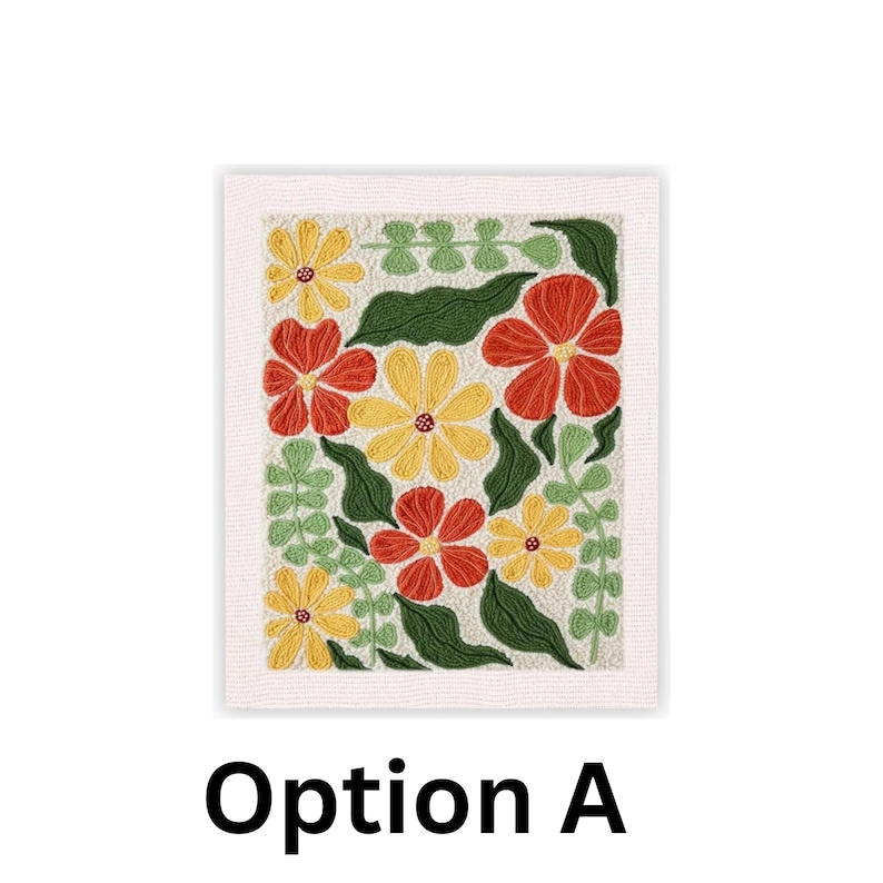 May include: A floral textile art piece featuring a vibrant arrangement of red and yellow flowers, green leaves, and sprigs against a cream-colored background. The artwork is framed with a white border and the text "Option A" is displayed at the bottom.