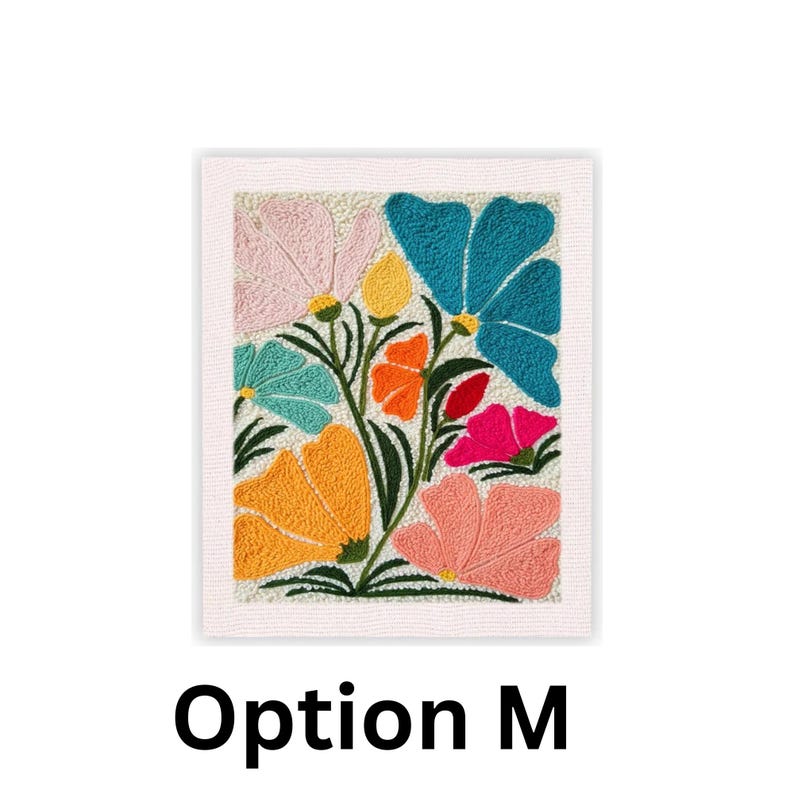 May include: A colorful floral artwork featuring a variety of flowers in shades of pink, teal, orange, yellow, and coral. The flowers are set against a light background and framed with a white border. The text "Option M" is at the bottom.