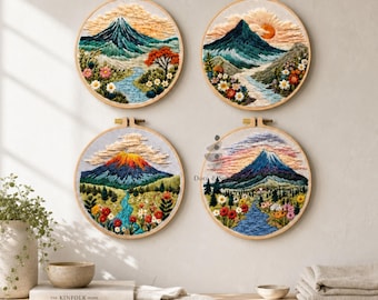 Borduurpakket berglandschap voor beginners: borduurwerk met wilde bloemen, DIY-handsteek Craft Hoop Art
