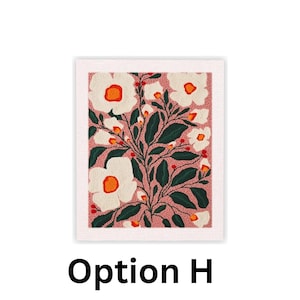 May include: A floral art print featuring white flowers with orange centers and green leaves on a pink background. The artwork is framed with a white border and includes the text "Option H" at the bottom.